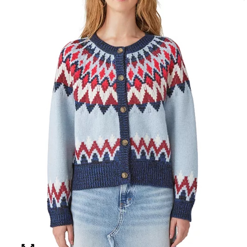Lucky Brand Fair Isle Crewneck Button Front Cardigan Size L